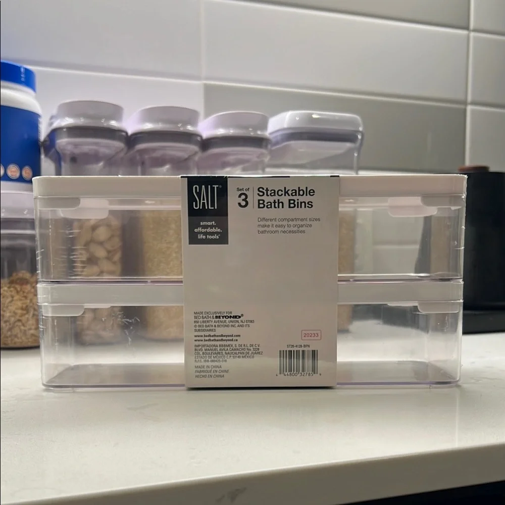 Bed Bath & Beyond Clear and White Stackable Bath Bins